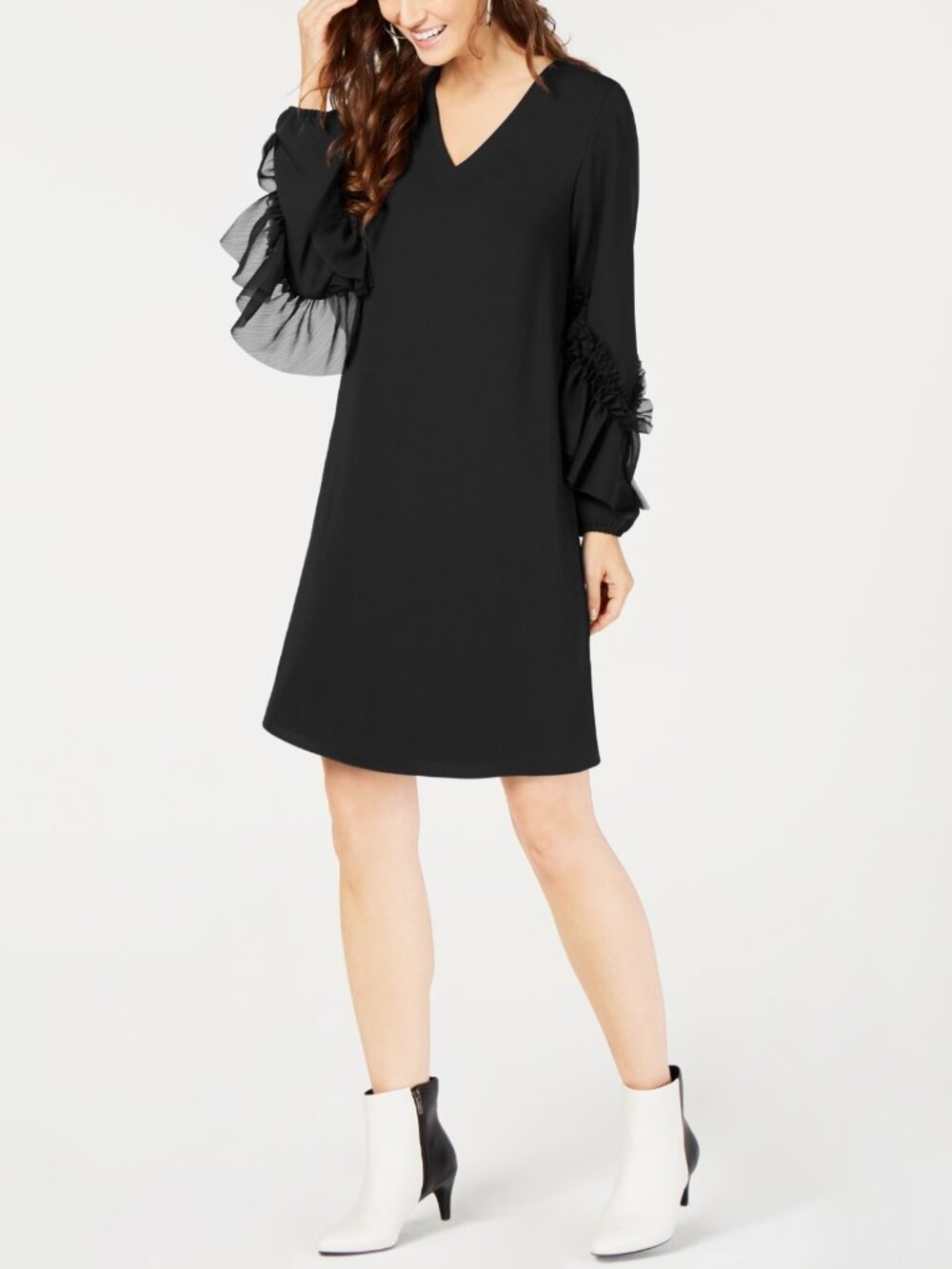 NWT Alfani Petite Size 2 2P Black A-Line Dress with Statement Ruffle Sleeves NEW